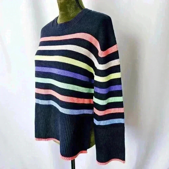 😍 NWOT 😍 Gap 24/7 Split-Hem Cotton Crewneck Sweater, Navy w/ Multi Stripe, XS - Picture 8 of 9